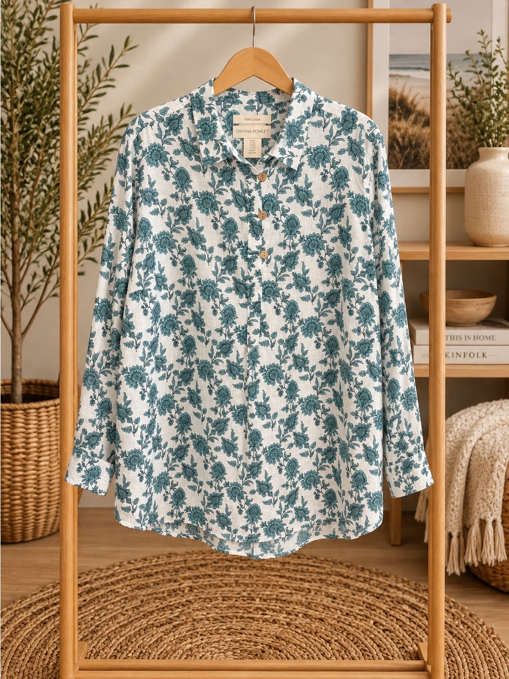 Cynthia Rowley White Button-Front Top with Teal Floral Print